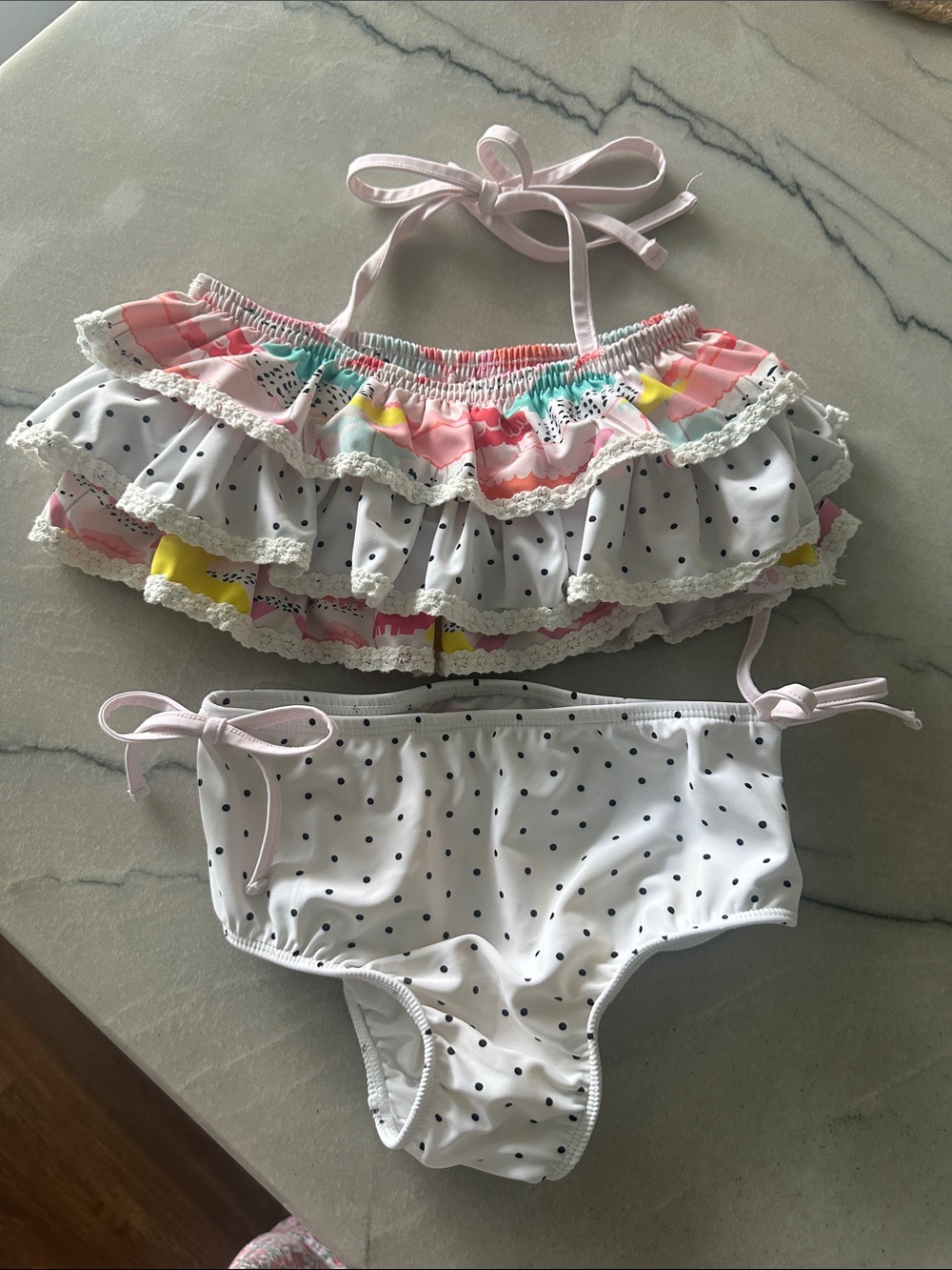 SweetHoney White Polka Dot Ruffle Bikini with Pink Accents